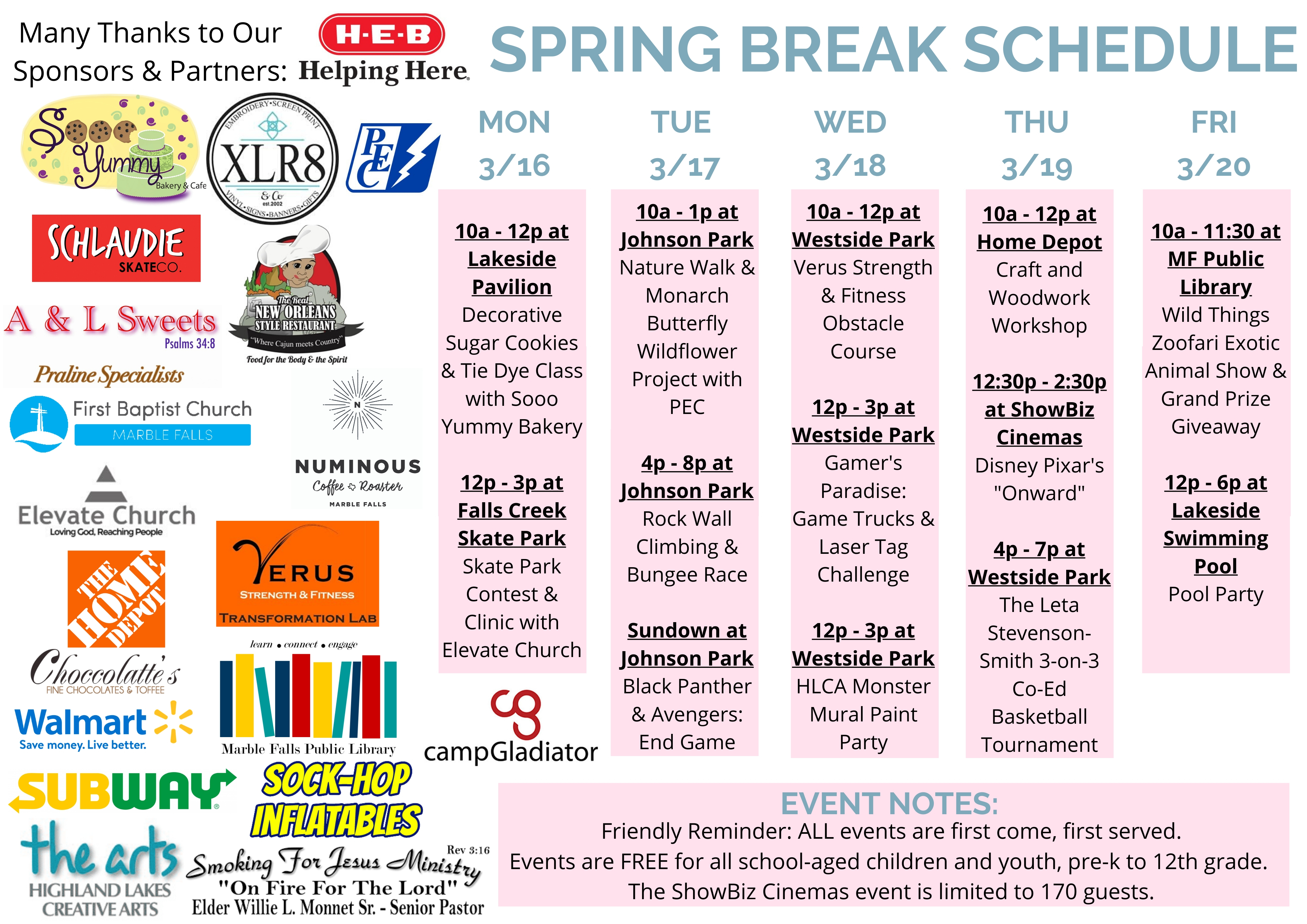 Spring Break 2020 Schedule