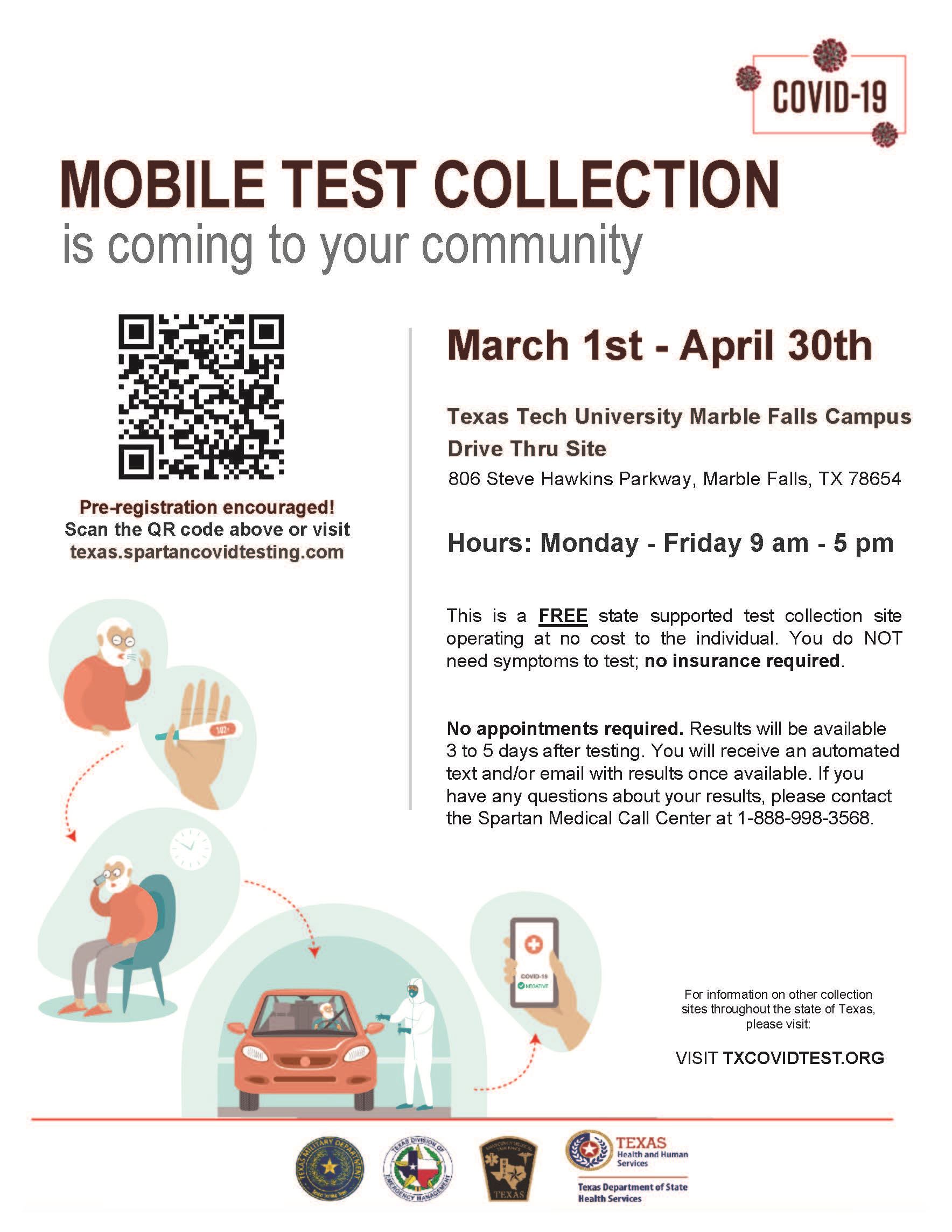 TDEM COVID-19 Collection Site Flyer - Texas Tech University Marble Falls Campus - Monday through Fri